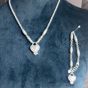Brighton Vintage Retired Blair Heart Brushed Silver Necklace and Bracelet Set